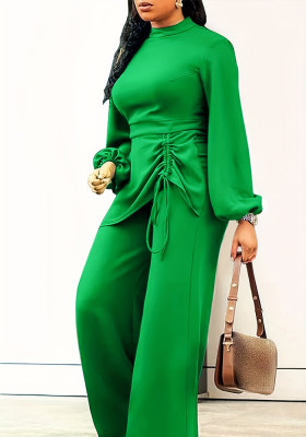 Solid Long Sleeve Drawstring Jumpsuit