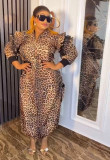 Plus Size Women's Leopard Print Jacket Skirt Two-Piece Set