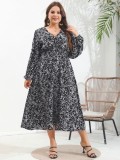 Plus Size Women's Autumn And Winter V-Neck Printed Dress