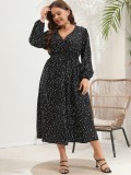 Plus Size Women's Dress V Neck Slim Waist Polka Dot Plus Size Dress