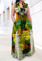Plus Size Women's Casual Map Print Sleeveless Turndown Collar Long Shirt Dress