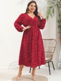 Plus Size Women's Dress V Neck Slim Waist Polka Dot Plus Size Dress