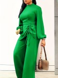 Solid Long Sleeve Drawstring Jumpsuit