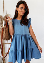 Spring And Summer Casual Career Solid Color Round Neck Loose Medium Denim Dress