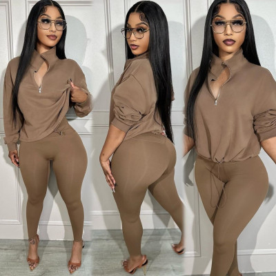 Women Zipper Top and Pant Loose Two-piece Set