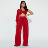 Women autumn sexy one-shoulder long-sleeved Top and trousers two-piece set