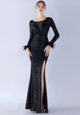 Women Elegant Ostrich Feather Long Sleeve Sequined Formal Party Evening Dress