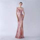 Women Elegant Beaded Ostrich Feather Slash Shoulder One Shoulder Formal Party Evening Dress