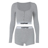 Women sexy long-sleeved crop T-shirt and high-waisted shorts two-piece set