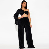 Women autumn sexy one-shoulder long-sleeved Top and trousers two-piece set