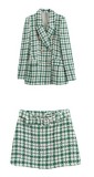 Women Autumn Loose Plaid Blazer and Belted Skirt Two-piece Set