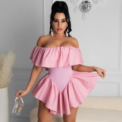 Women's Fashion Casual Sexy Solid Color Nightclub Style Irregular Pleated Shoulderless One-piece Dress