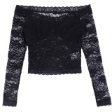 Off Shoulder See-Through Lace long-sleeved top autumn t-shirt for women