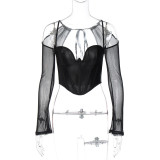 Women's low-cut sexy v-neck fashionable mesh Long sleeves corset top