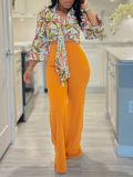 Women's Set Autumn Print Turndown Collar Long Sleeve Shirt Top Wide Leg Pants Two Piece Set