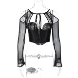 Women's low-cut sexy v-neck fashionable mesh Long sleeves corset top