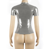 Silver glossy Round Neck short-sleeved Slim Fit sexy Crop T-shirt top