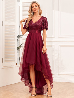 Elastic waist Mesh Patchwork elegant v-neck ruffled short-sleeved evening dress