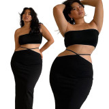 Summer Africa Plus Size Women Strapless Top and Lace Up Skirt Two-piece Set