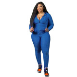 Plus Size Women Fall/Winter Casual Solid Zipper Top and Pant Two-piece Set