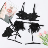 Women Lace Embroidered Hollow Transparent Backless Feather Garter Sexy Lingerie Two-piece Set