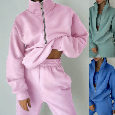 Women Fleece Long Sleeve Zipper Top and Pant Sports Casual Two-piece Set