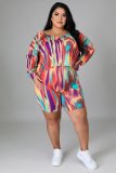 Plus Size Women Fall Multi-Color Print Top and Shors Two-piece Set