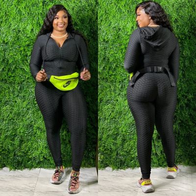 Plus Size Women Fall/Winter Casual Solid Zipper Top and Pant Two-piece Set