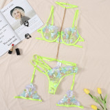 Women Lace floral embroidered mesh sexy lingerie two-piece set