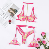 Women Lace floral embroidered mesh sexy lingerie two-piece set