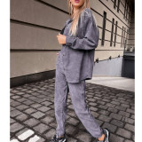 Women Fall Button Long Sleeve Shirt and Pant Two-piece Set