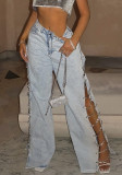 Women Hollow Chain Diamond Loose Straight Ripped Denim Pants