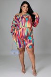 Plus Size Women Fall Multi-Color Print Top and Shors Two-piece Set