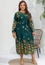 Plus Size Women Ethnic Loose Shiny Printed Long Sleeve Maxi Dress