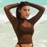 Women Summer Sexy Solid Round Neck Mesh See-Through Long Sleeve Crop Top