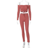 Women Drawstring Pleated Long Sleeve Solid Top and Pant Two-piece Set