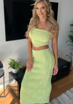 Women summer Solid Strapless Top and Bodycon Long Skirt two-piece set