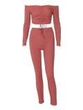 Women Drawstring Pleated Long Sleeve Solid Top and Pant Two-piece Set