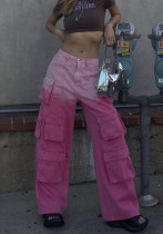 Women Summer Gradient Wash Casual Pants Contrast Color Pockets Loose Cargo Denim Pants Women