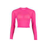 Women Summer Sexy Solid Round Neck Mesh See-Through Long Sleeve Crop Top