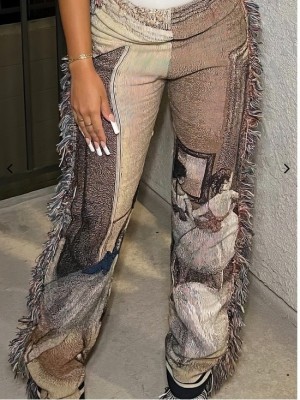 Women's Autumn Casual Fashion Multi-Color Pattern Tassel Fleece Pants