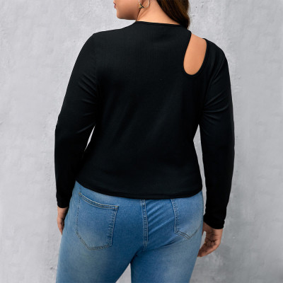 Plus Size Women's Black Ribbed Knitting Shirt Round Neck Long Sleeve Slim Fit Basics Hollow Top