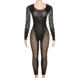 Summer Women's Sexy Mesh See-Through Hollow Solid Color High Waist Tight Fitting Casual Jumpsuit