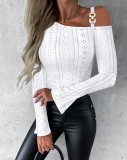 Autumn And Winter Solid Color Metal Button Slash Shoulder Long Sleeve Shirt For Women