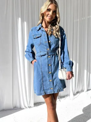 Fashionable Casual Button Tie Slim Fit Long Sleeve Denim Dress For Women