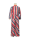 Women's Fashion Printed Casual Striped Wide Leg Pants Two Piece Set