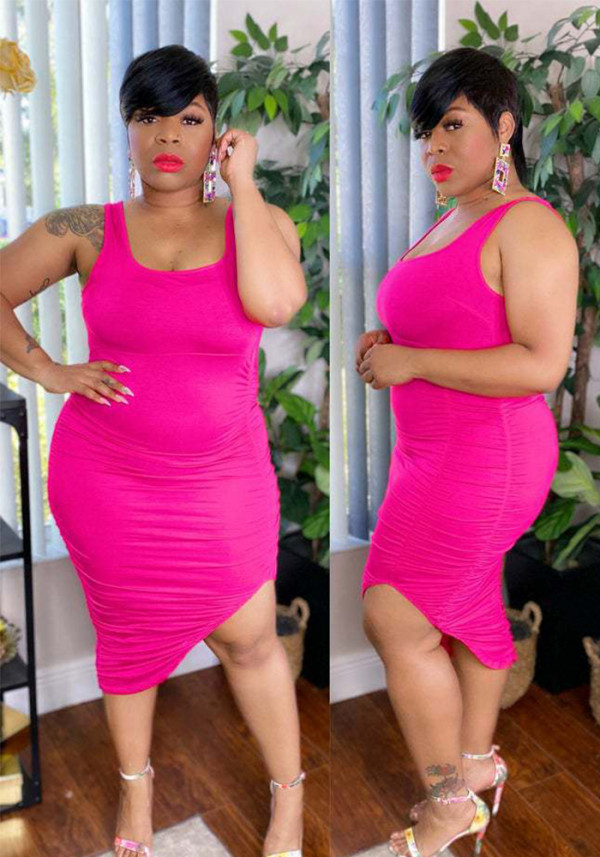 Plus Size Women's Fall Solid Color Pleated Tight Fitting Dress