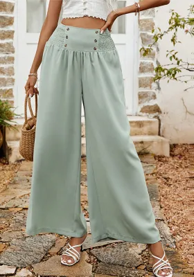 Spring Summer Casual Pleated Button High Waist Women's Wide Leg Pants