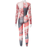 Women's Autumn And Winter Fashion Printed Long Sleeve Tight Fitting Sports Jumpsuit