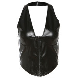 Autumn And Winter Women's Fashionable And Sexy Halter Neck Low Back Slim-Fit Pu Leather Vest